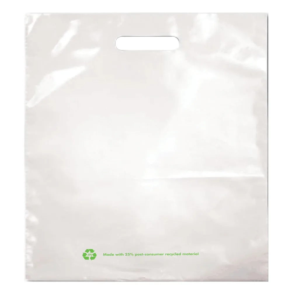 18" x 19" x 2.25 mil White 25% Post Consumer Recycled Plastic Merchandise Bags with Patch Handles, 4" Bottom Gusset, Printed Recycled Message (Case of 500)