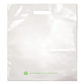 18" x 19" x 2.25 mil White 25% Post Consumer Recycled Plastic Merchandise Bags with Patch Handles, 4" Bottom Gusset, Printed Recycled Message (Case of 500)