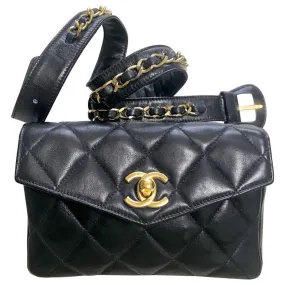 1980s. Vintage CHANEL black lamb leather belt bag, waist bag, fanny pack with golden chain belt & CC closure.  Belt size good for 23.8" through 26.2" (60.5-66.5cm)