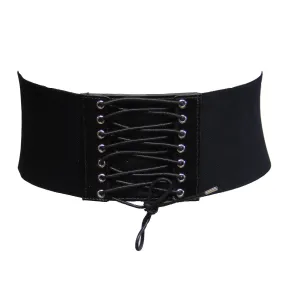 9.7cm Black Elasticated Waist Lace Up Corset Belt with Press Button Closure