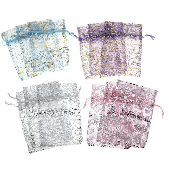 Assorted Silver & Gold Design Organza Drawstring Gift Bags 4 x 6 Inch (12 Bags)