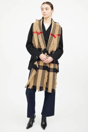 Beige Mega Check Fringe Scarf