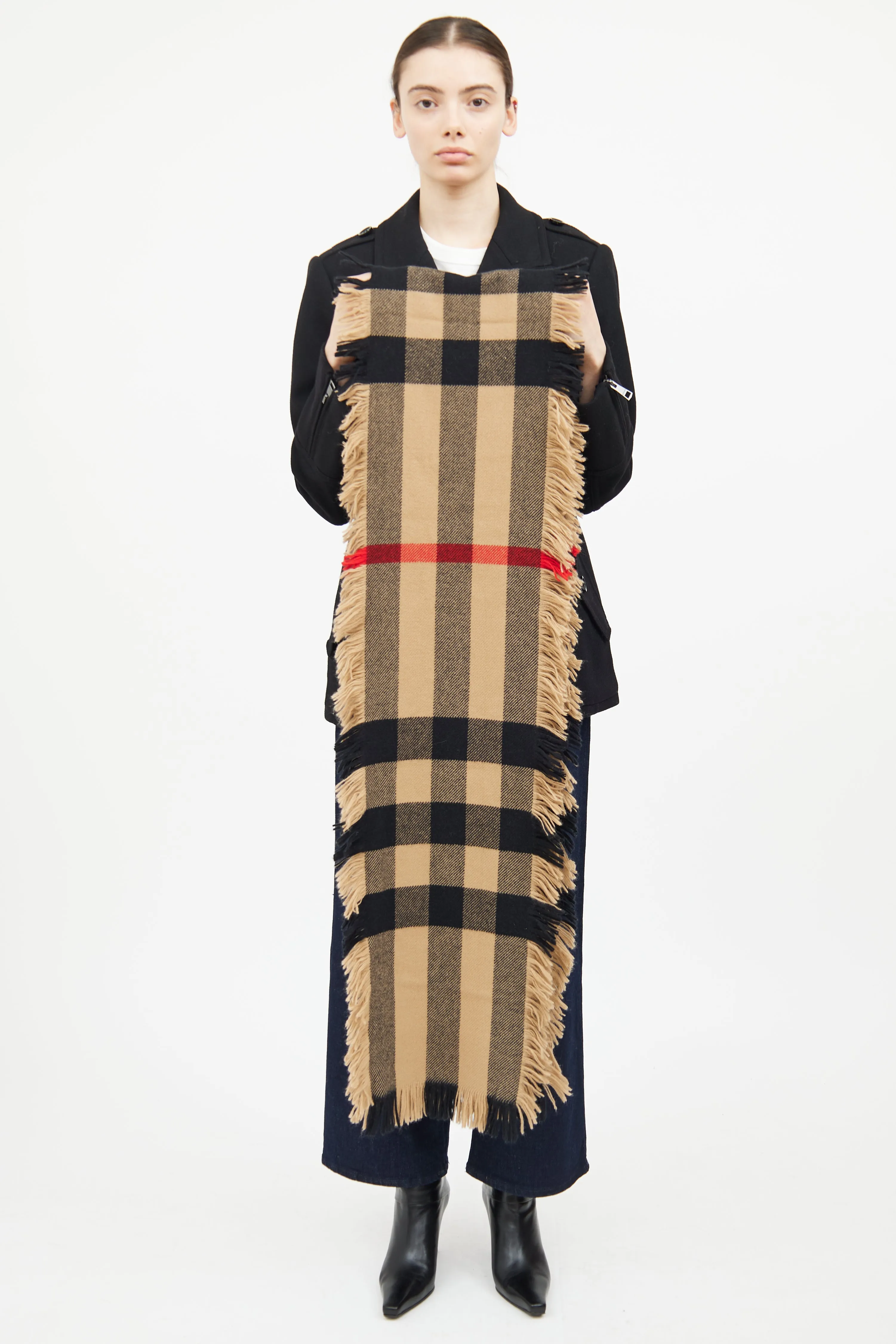 Beige Mega Check Fringe Scarf
