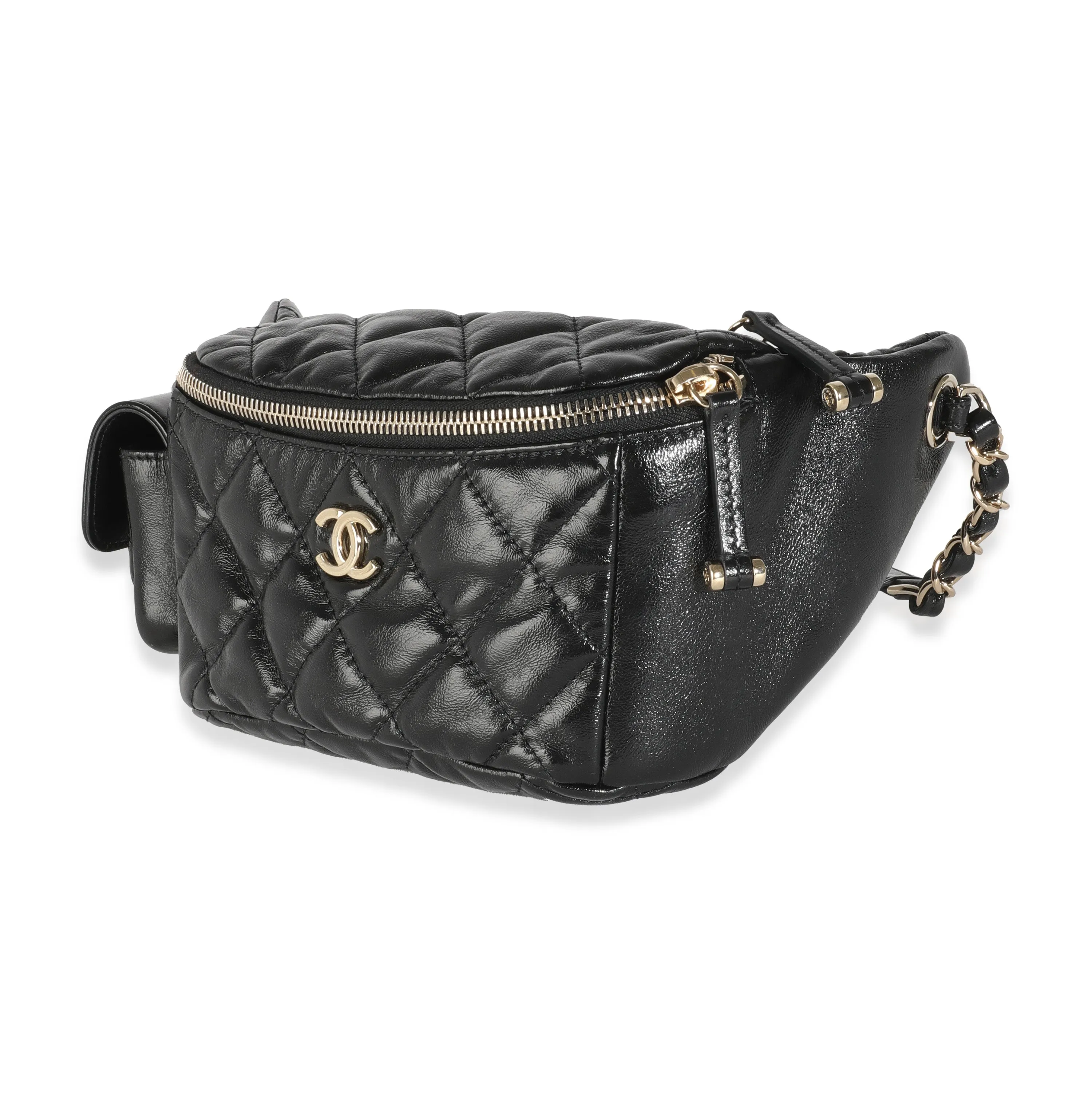 Black Shiny Quilted Aged Calfskin Utility Belt Bag