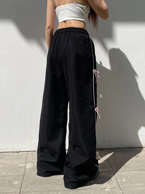 Bowknot Drawstring Elasticity Split-Joint Loose Wide Leg Trousers Pants