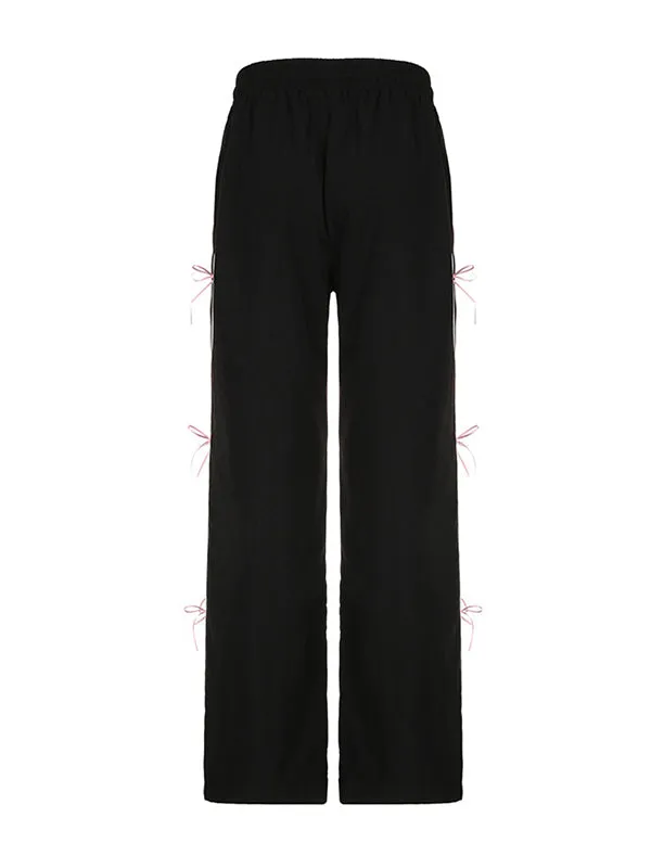 Bowknot Drawstring Elasticity Split-Joint Loose Wide Leg Trousers Pants