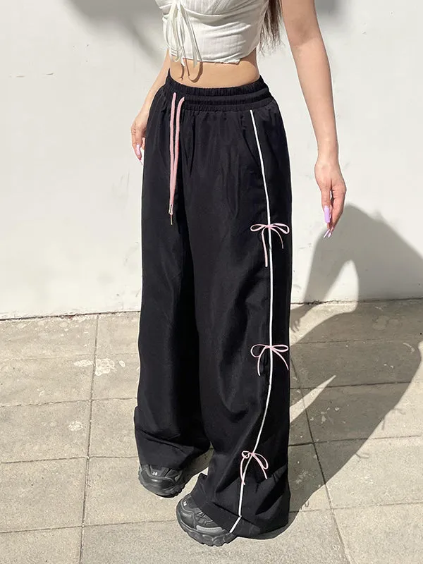 Bowknot Drawstring Elasticity Split-Joint Loose Wide Leg Trousers Pants