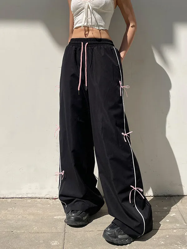 Bowknot Drawstring Elasticity Split-Joint Loose Wide Leg Trousers Pants