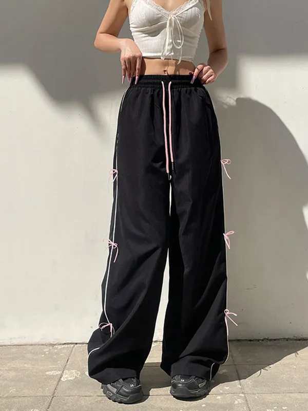 Bowknot Drawstring Elasticity Split-Joint Loose Wide Leg Trousers Pants