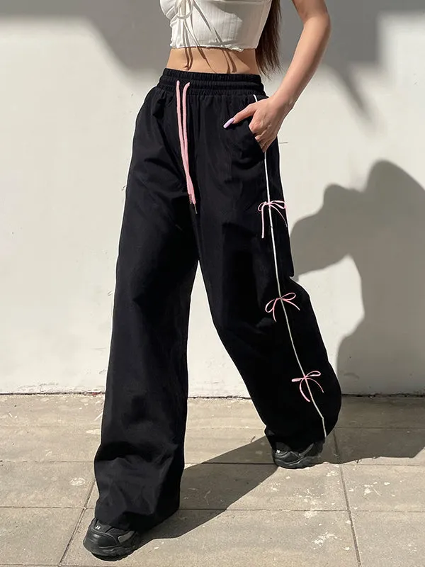 Bowknot Drawstring Elasticity Split-Joint Loose Wide Leg Trousers Pants