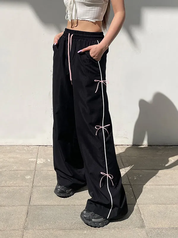 Bowknot Drawstring Elasticity Split-Joint Loose Wide Leg Trousers Pants