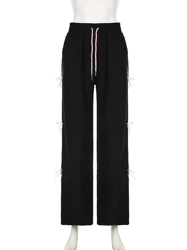 Bowknot Drawstring Elasticity Split-Joint Loose Wide Leg Trousers Pants