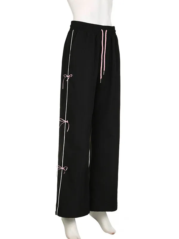 Bowknot Drawstring Elasticity Split-Joint Loose Wide Leg Trousers Pants