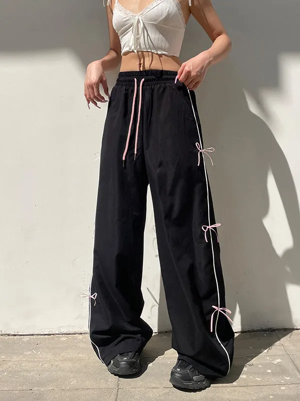 Bowknot Drawstring Elasticity Split-Joint Loose Wide Leg Trousers Pants