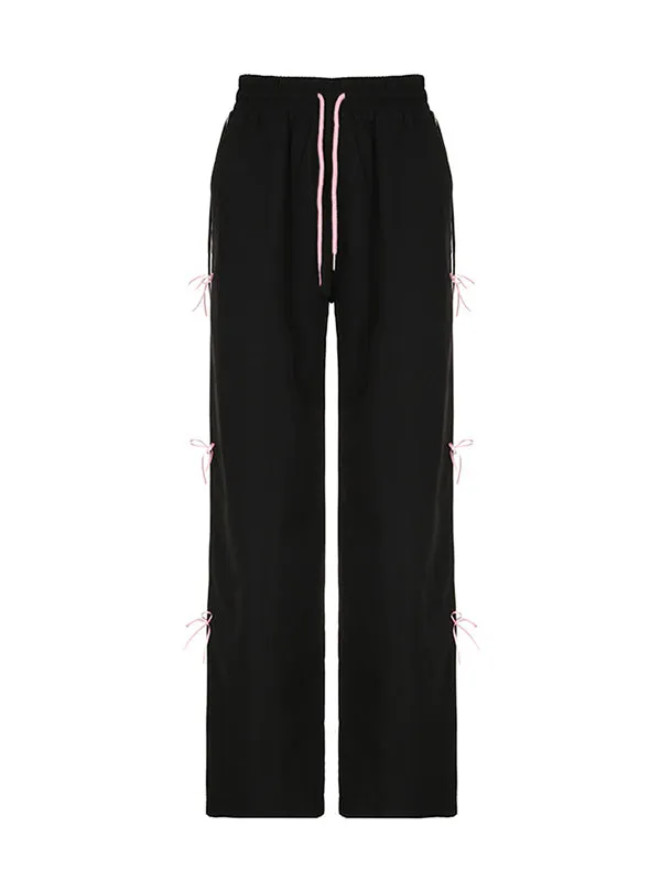 Bowknot Drawstring Elasticity Split-Joint Loose Wide Leg Trousers Pants