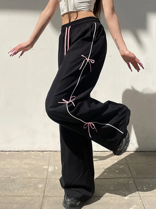 Bowknot Drawstring Elasticity Split-Joint Loose Wide Leg Trousers Pants