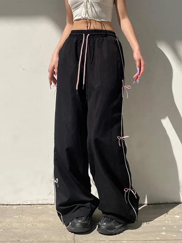 Bowknot Drawstring Elasticity Split-Joint Loose Wide Leg Trousers Pants