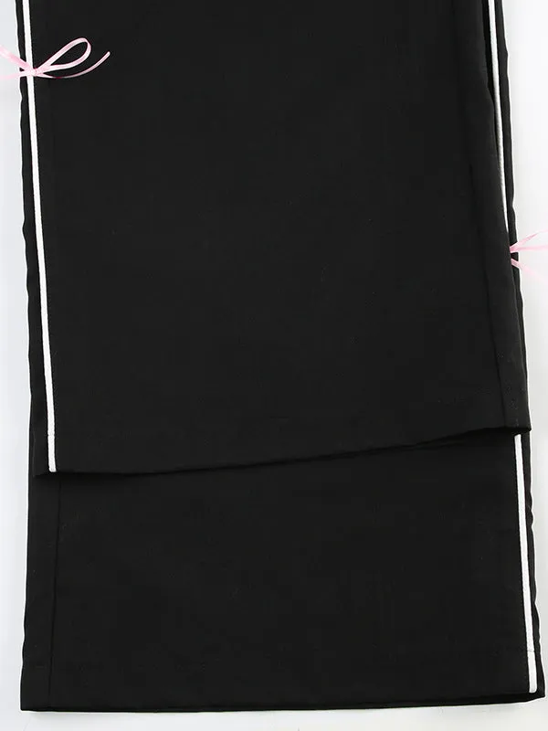 Bowknot Drawstring Elasticity Split-Joint Loose Wide Leg Trousers Pants