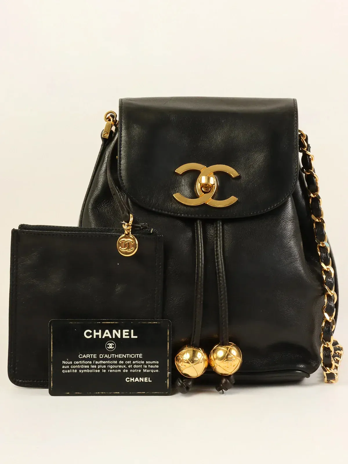 CHANEL Around 1995 Made Turn-Lock Mini Drawstring Shoulder Bag With Pouch Black