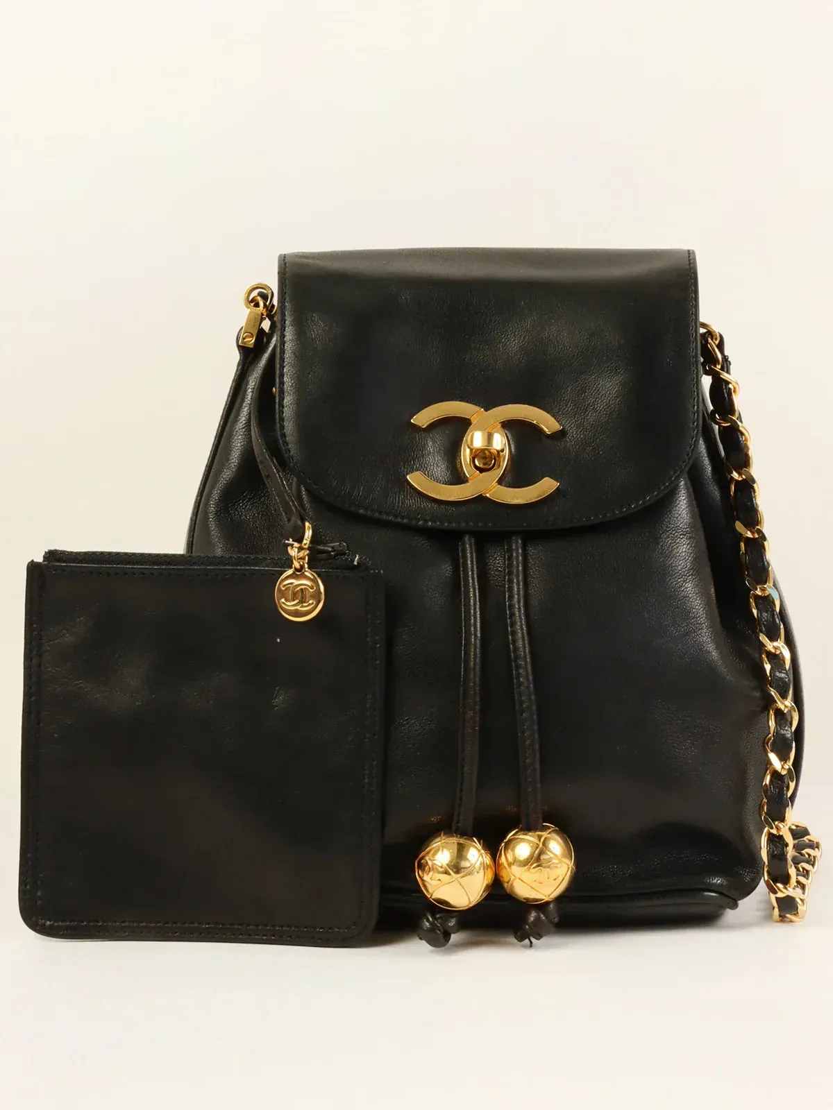 CHANEL Around 1995 Made Turn-Lock Mini Drawstring Shoulder Bag With Pouch Black