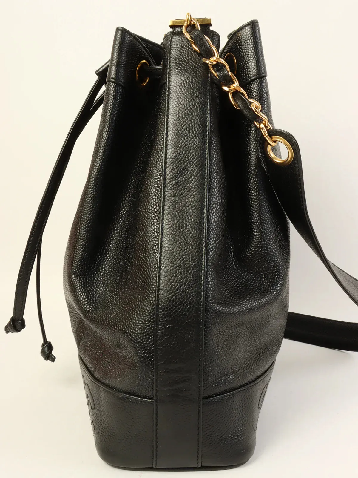 CHANEL Around 1997 Made Caviar Skin Cc Mark Stitch Drawstring Shoulder Bag Black