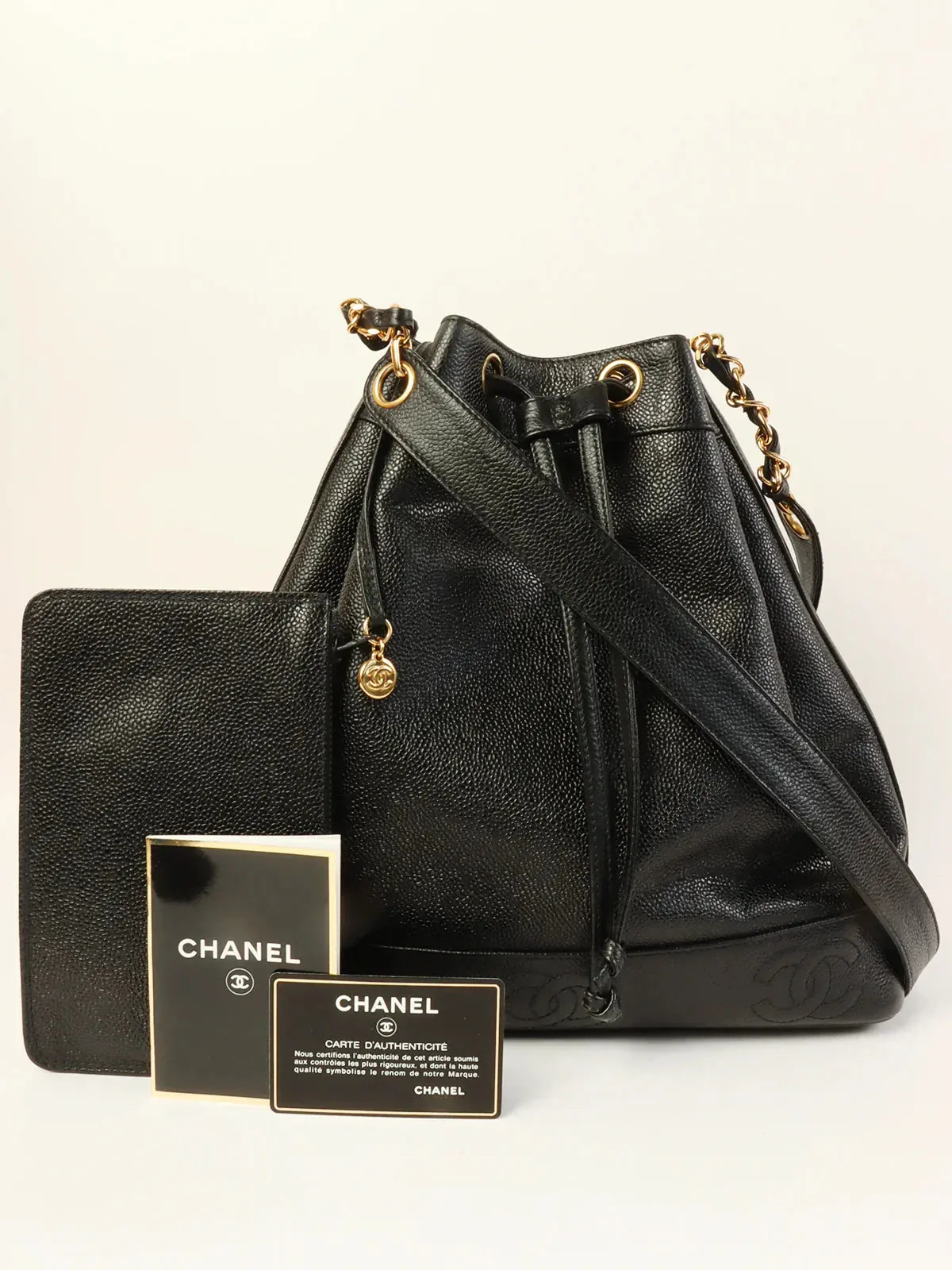 CHANEL Around 1997 Made Caviar Skin Cc Mark Stitch Drawstring Shoulder Bag Black