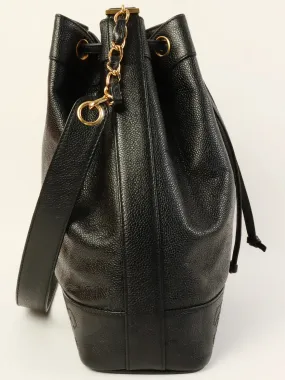 CHANEL Around 1997 Made Caviar Skin Cc Mark Stitch Drawstring Shoulder Bag Black