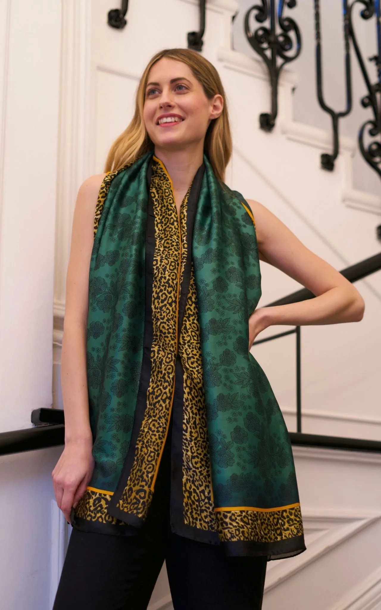 Emerald Green Silk Scarf with Leopard Border