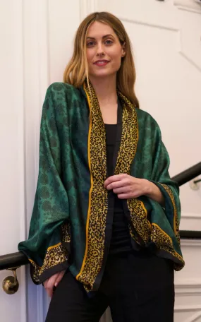 Emerald Green Silk Scarf with Leopard Border