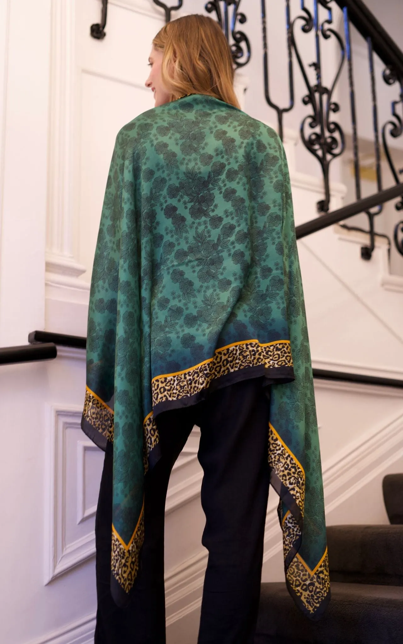 Emerald Green Silk Scarf with Leopard Border