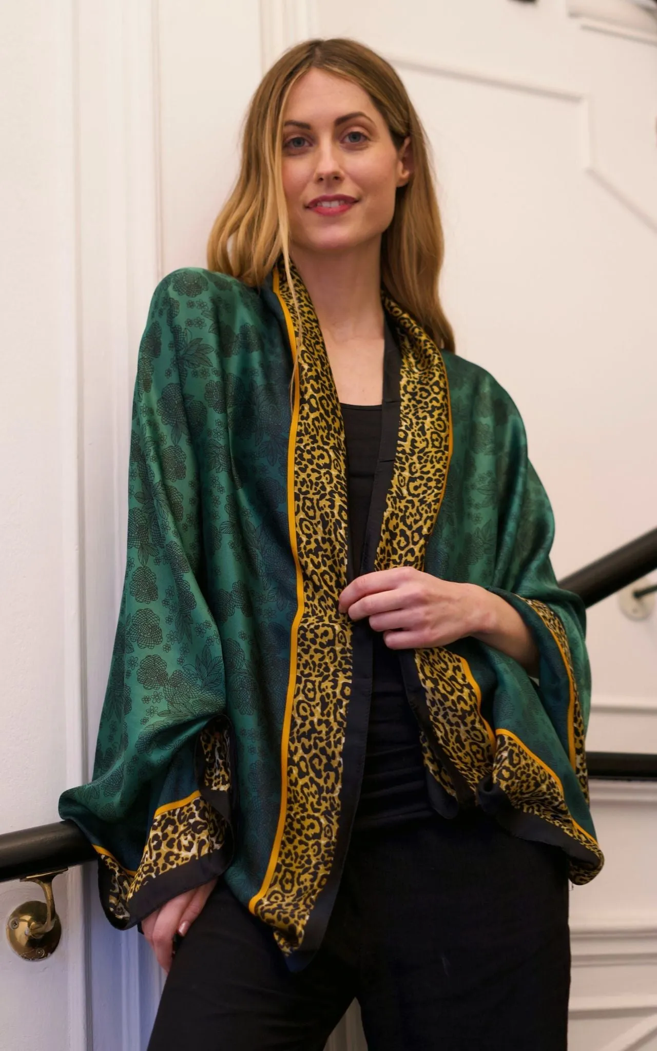 Emerald Green Silk Scarf with Leopard Border