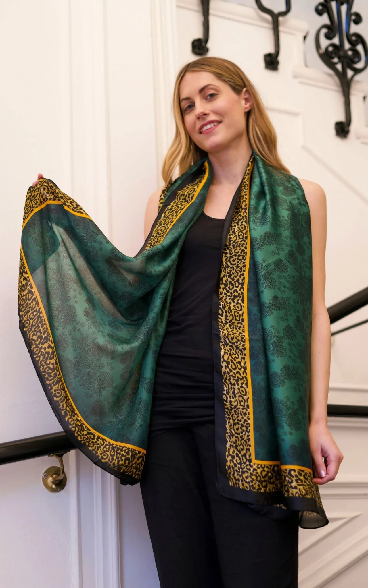 Emerald Green Silk Scarf with Leopard Border