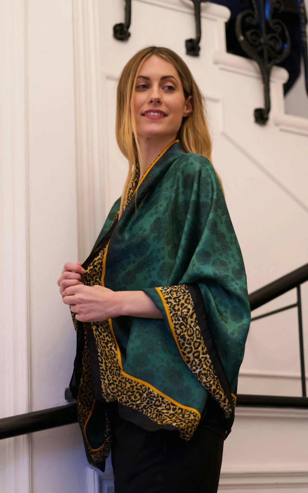 Emerald Green Silk Scarf with Leopard Border
