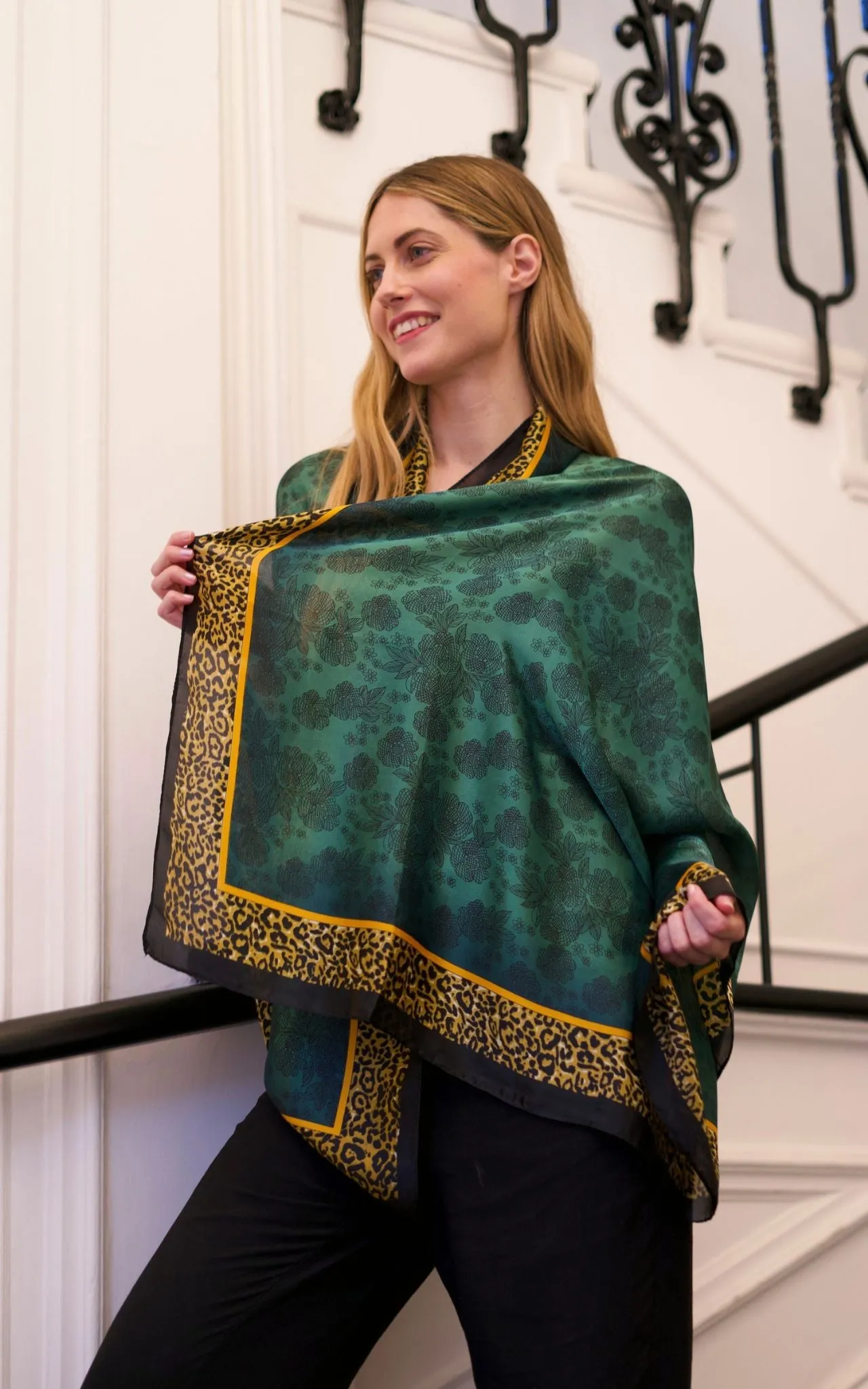 Emerald Green Silk Scarf with Leopard Border