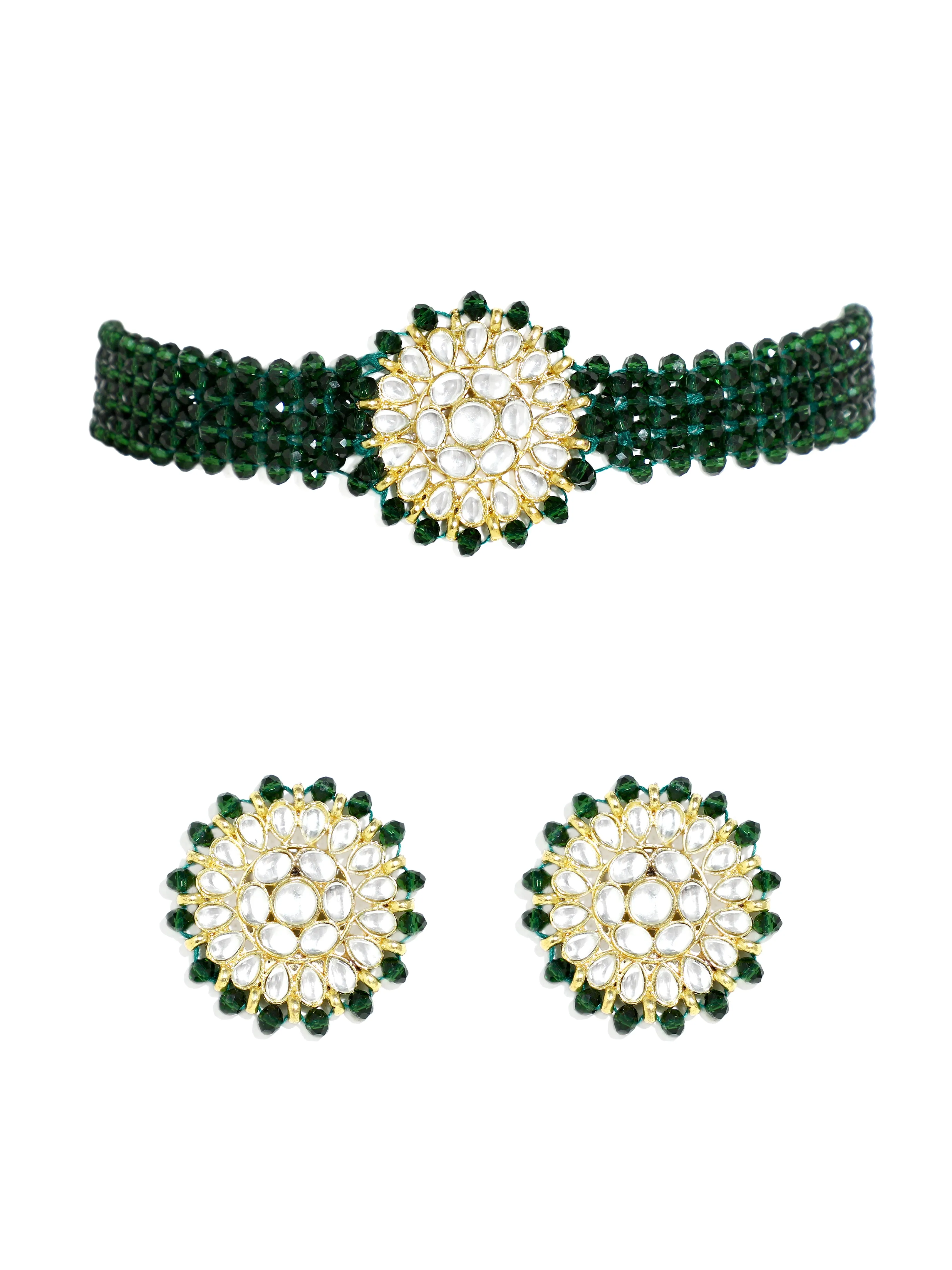 Green Crystal Kundan Choker Necklace Set