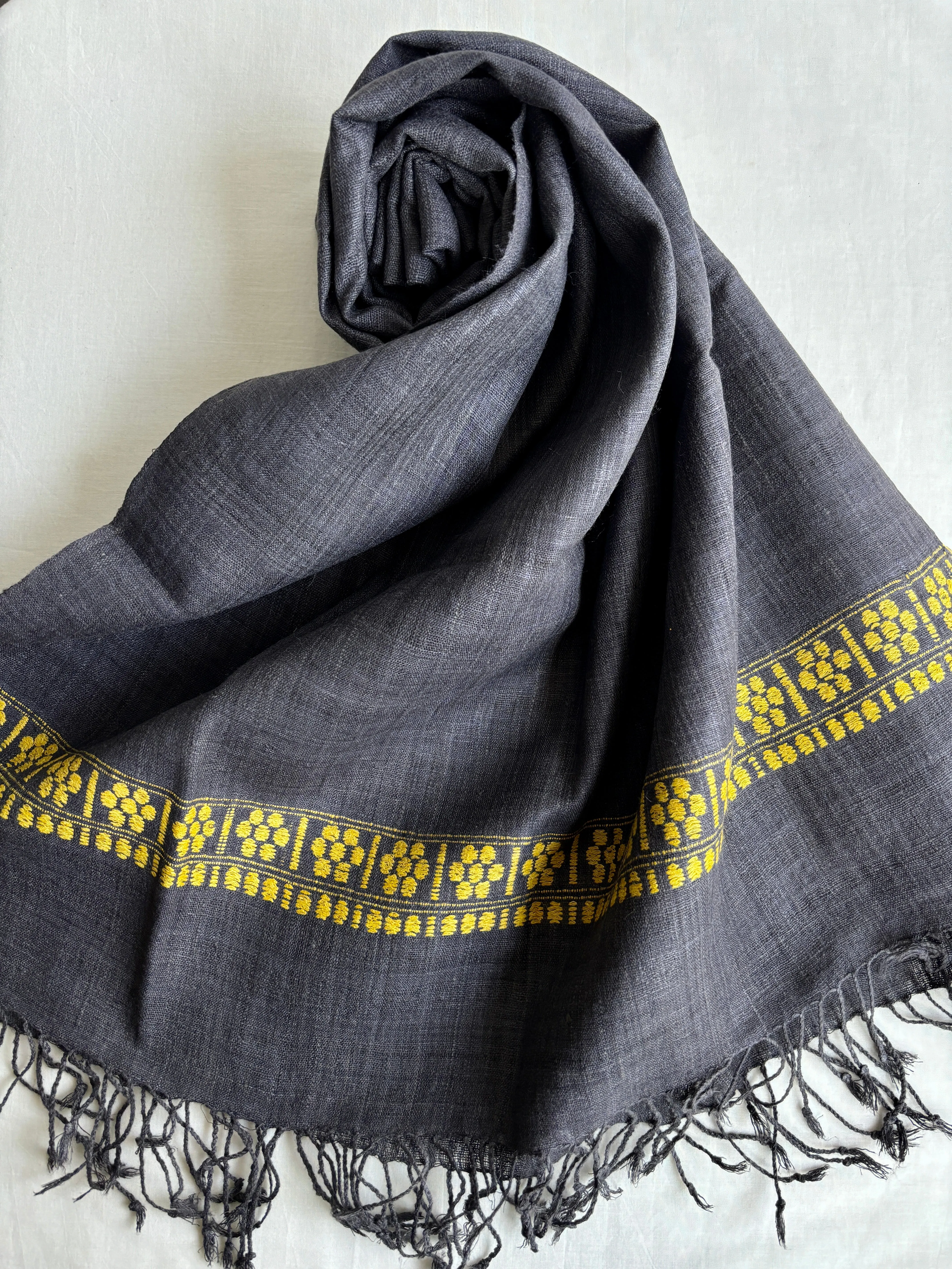 Grey Ahimsa Silk Stole with Yellow border | Natural Dyes