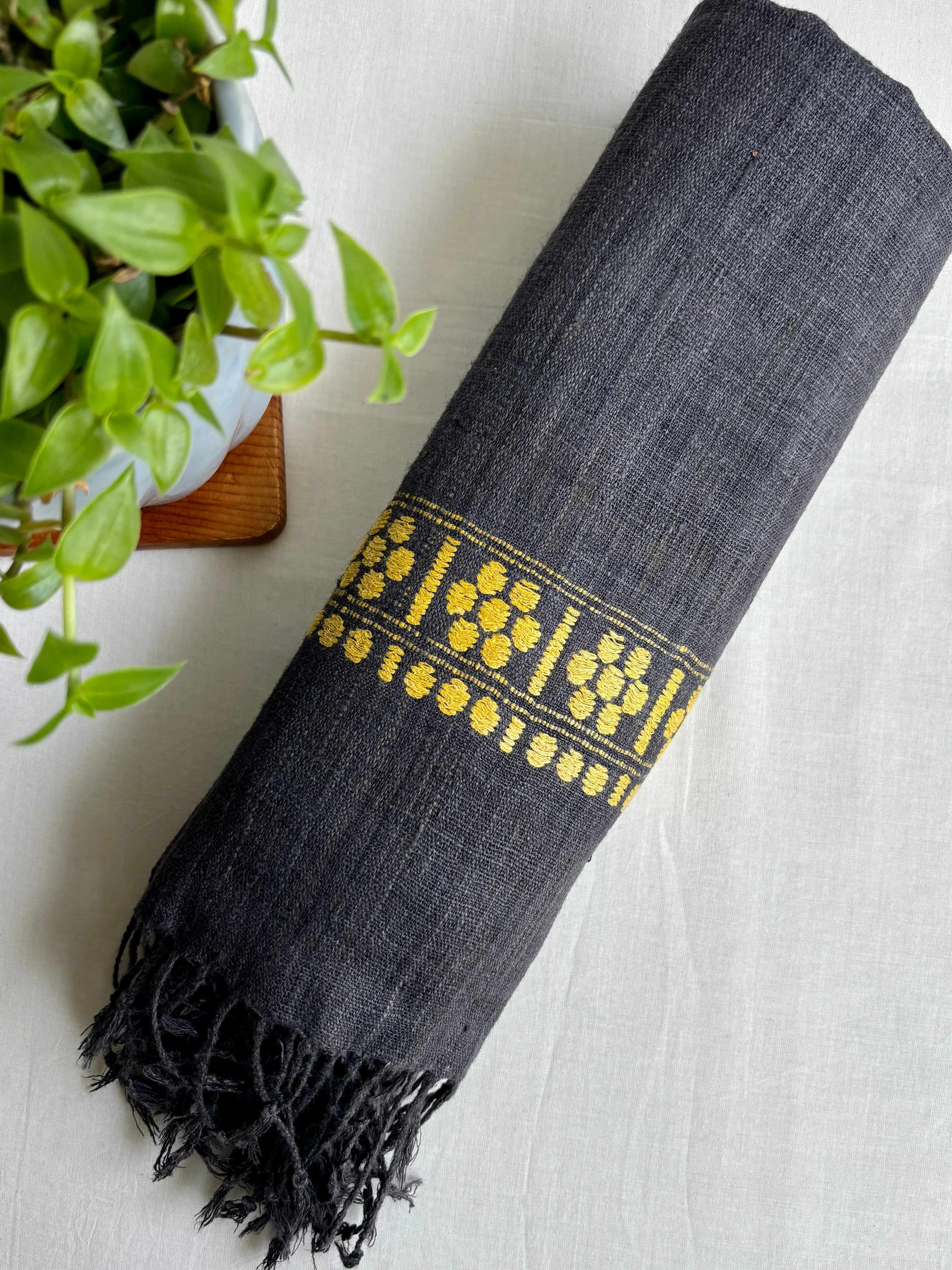 Grey Ahimsa Silk Stole with Yellow border | Natural Dyes