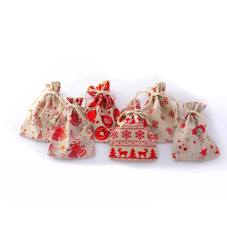 Holiday Burlap Screen Printed Gift Bags - Set of 6 bags