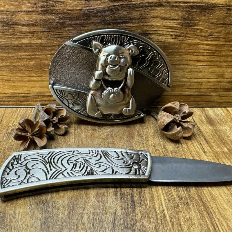 Men's DIY Piglet Hidden Folding Knife Leather Belt