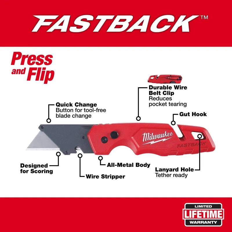 Milwaukee Fastback 7-1/4 in. Press and Flip Folding Utility Knife Red 1 pc