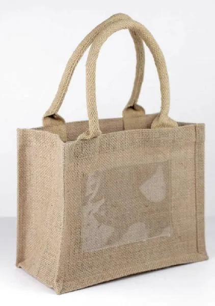 Mini Size Burlap Jute Tote Bags with Front Window