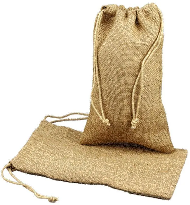 Natural Burlap Jute Sacks Bags With Drawstrings, Set of 12
