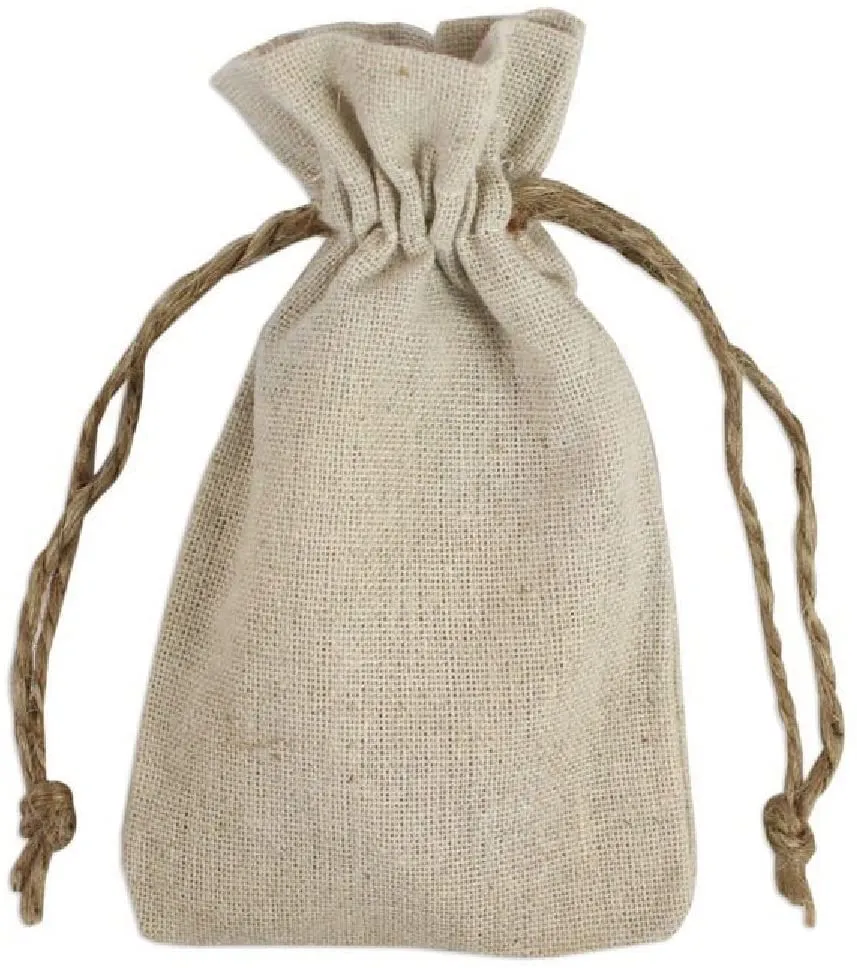 Natural Linen Fabric Sacks Drawstring Bags with Jute Cord, Set of 12