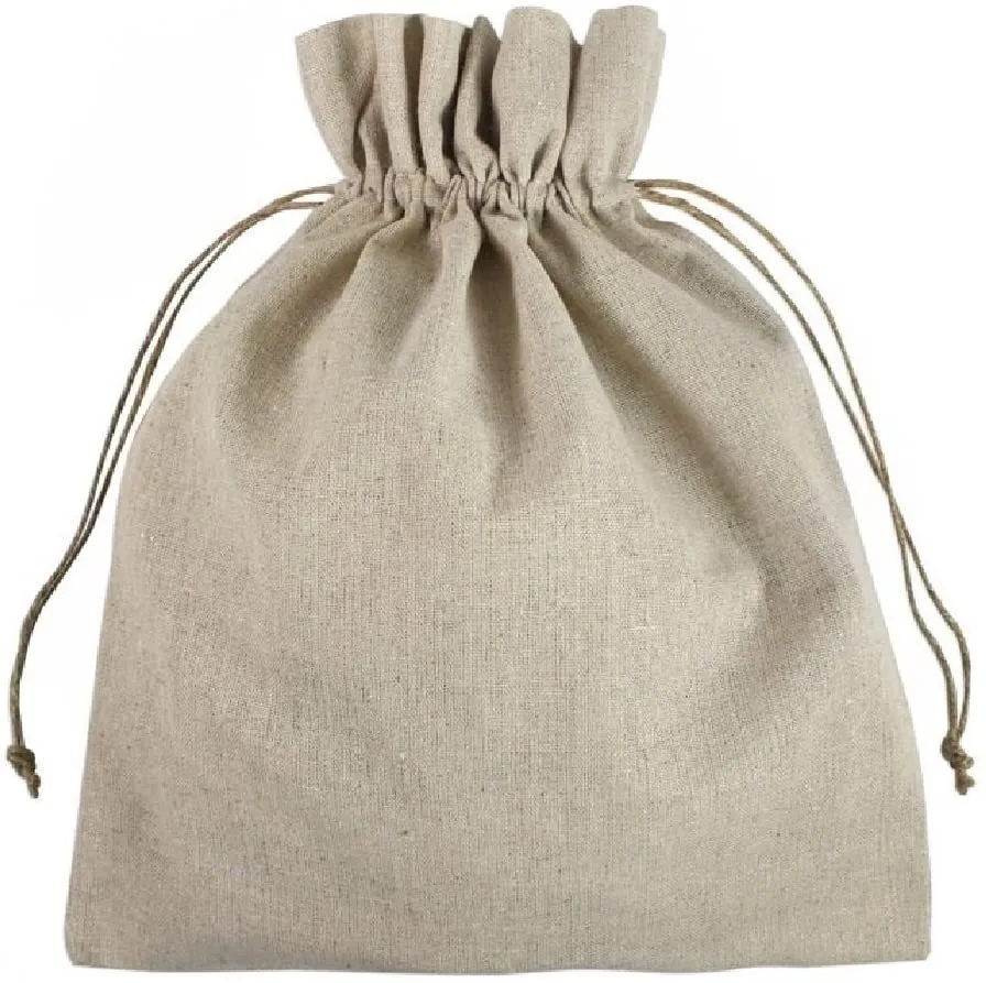 Natural Linen Fabric Sacks Drawstring Bags with Jute Cord, Set of 12