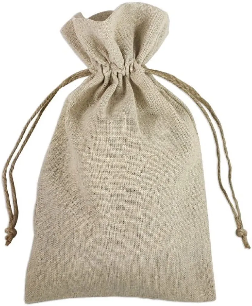 Natural Linen Fabric Sacks Drawstring Bags with Jute Cord, Set of 12