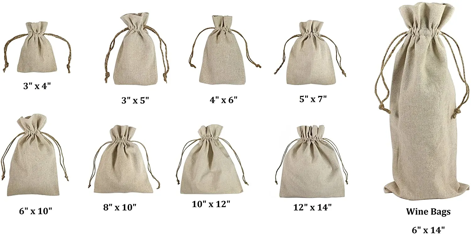 Natural Linen Fabric Sacks Drawstring Bags with Jute Cord, Set of 12