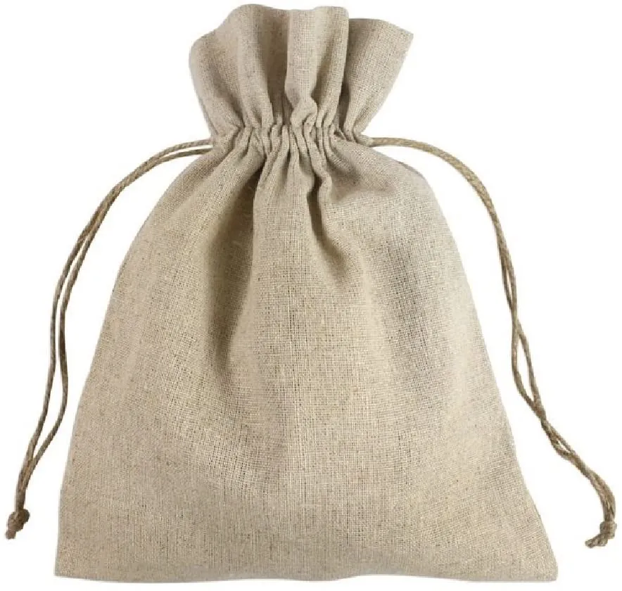 Natural Linen Fabric Sacks Drawstring Bags with Jute Cord, Set of 12
