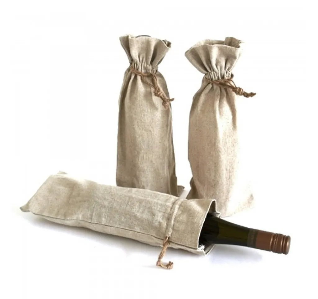 Natural Linen Fabric Wine Gift Bags Wholesale, 12 Pack