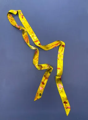 Ochre yellow Silk satin 'Helios' Ultra Skinny silk scarf with mushrooms and sunflowers