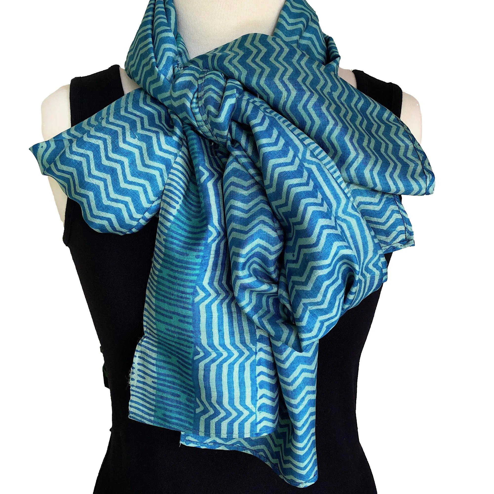 Silk sari scarf with Chevron design - Sea green